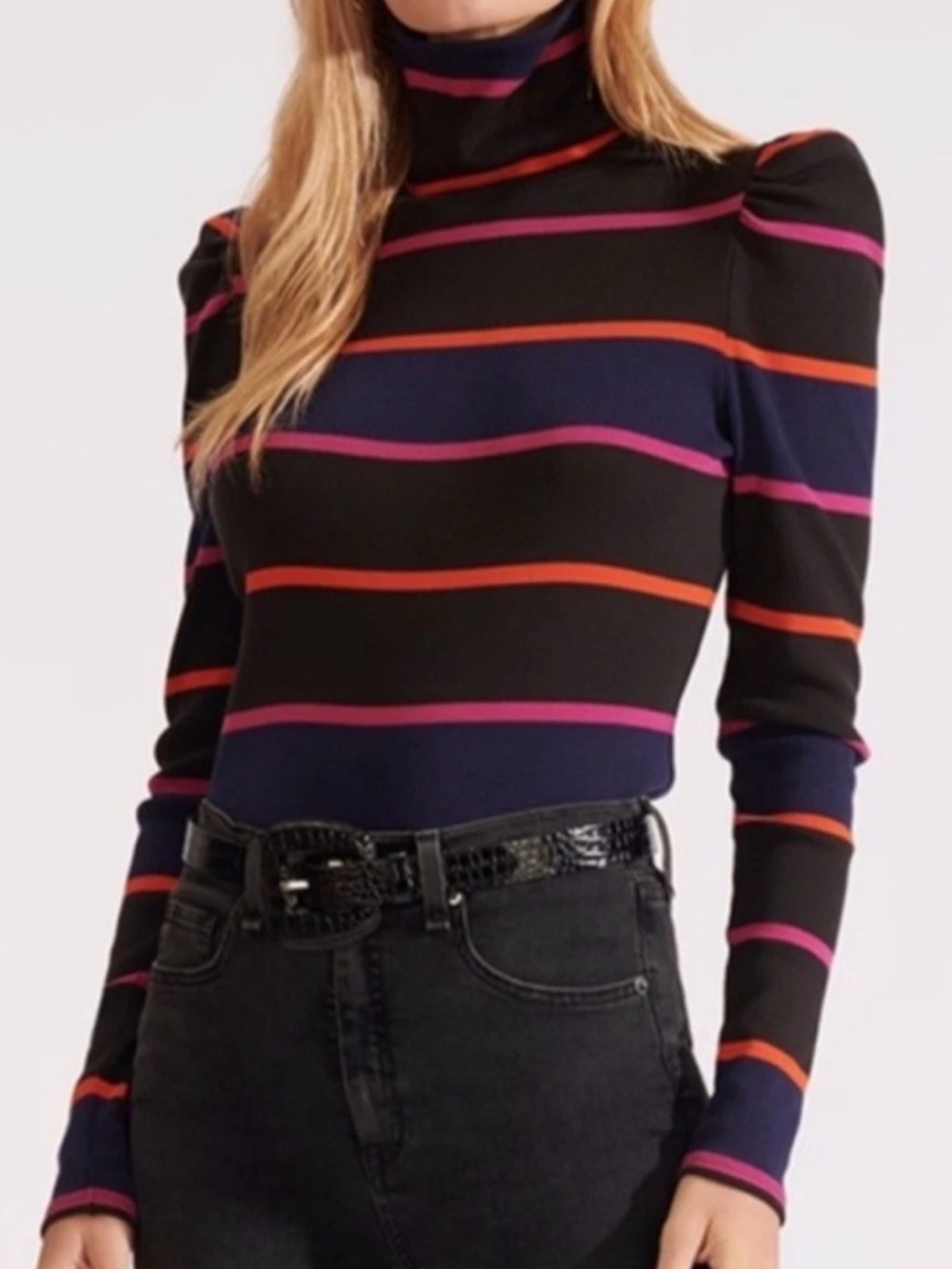 Veronica Beard Cedar Black Multi Striped Ribbed Pima Turtleneck Puff Shoulder XL